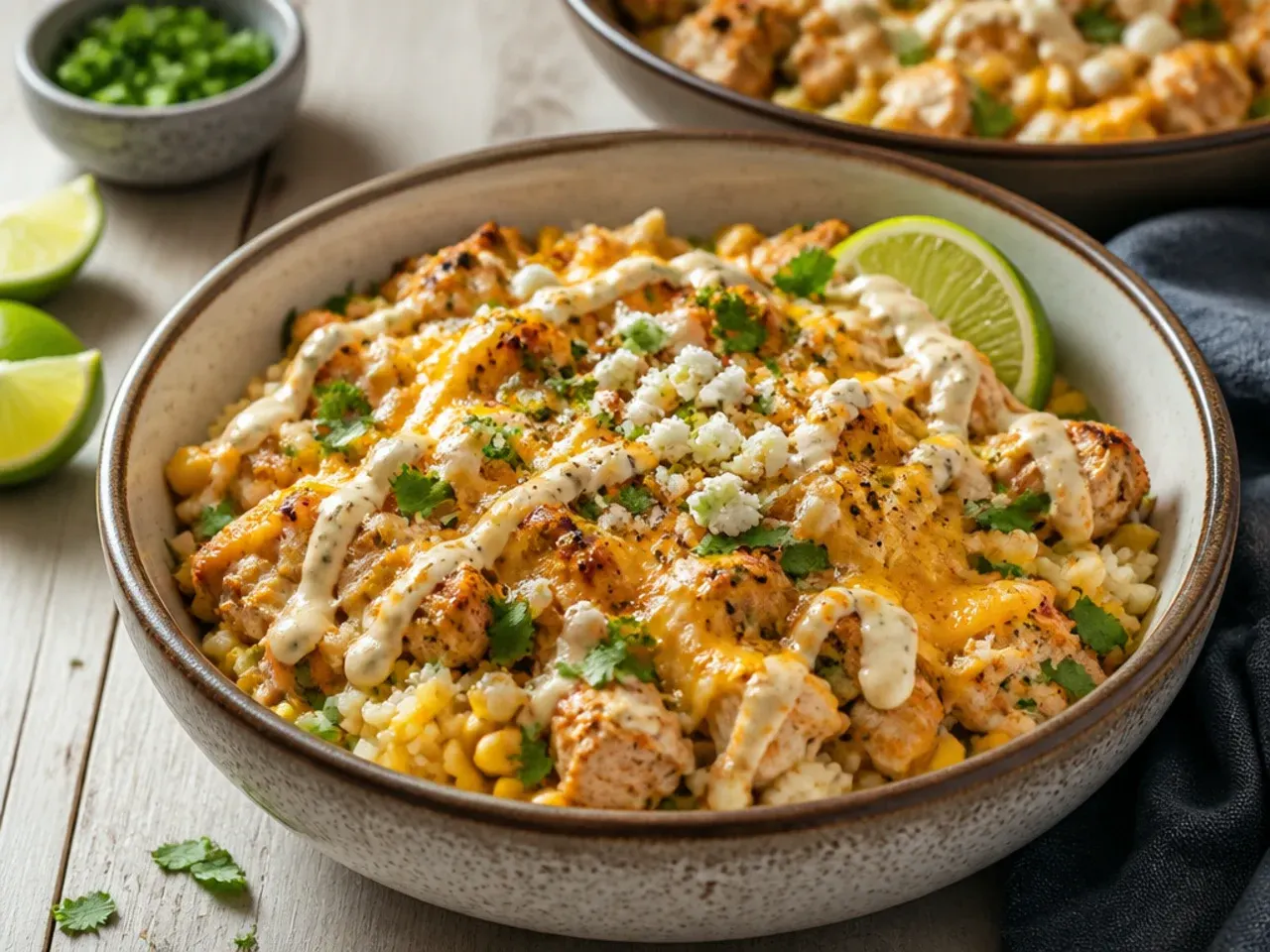 Baked cheesy street corn chicken and rice casserole in a dish