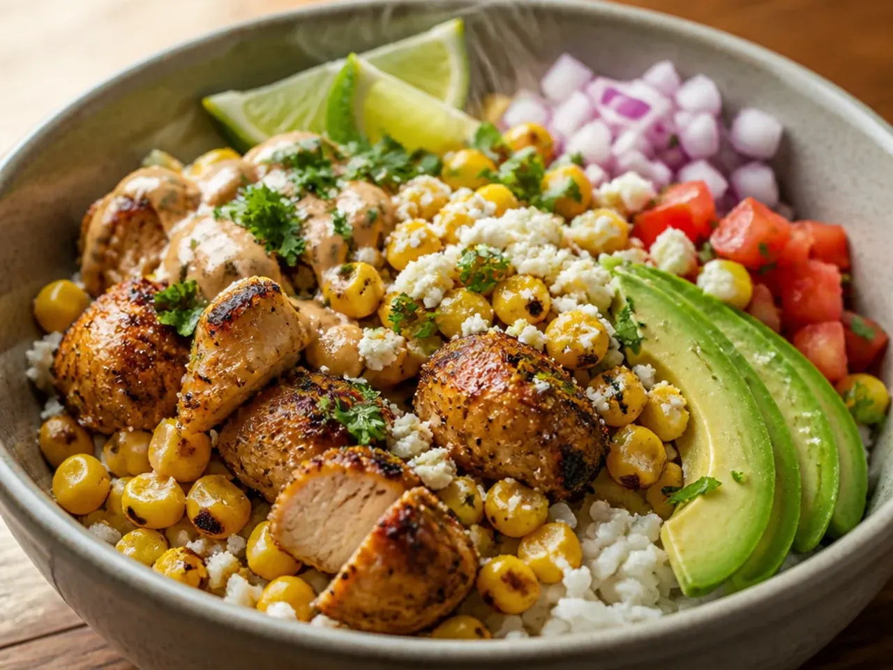 Taco-seasoned chicken served over rice with street corn