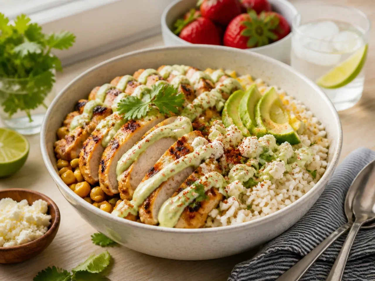 Green avocado-ranch dressing drizzled over a street corn chicken bowl