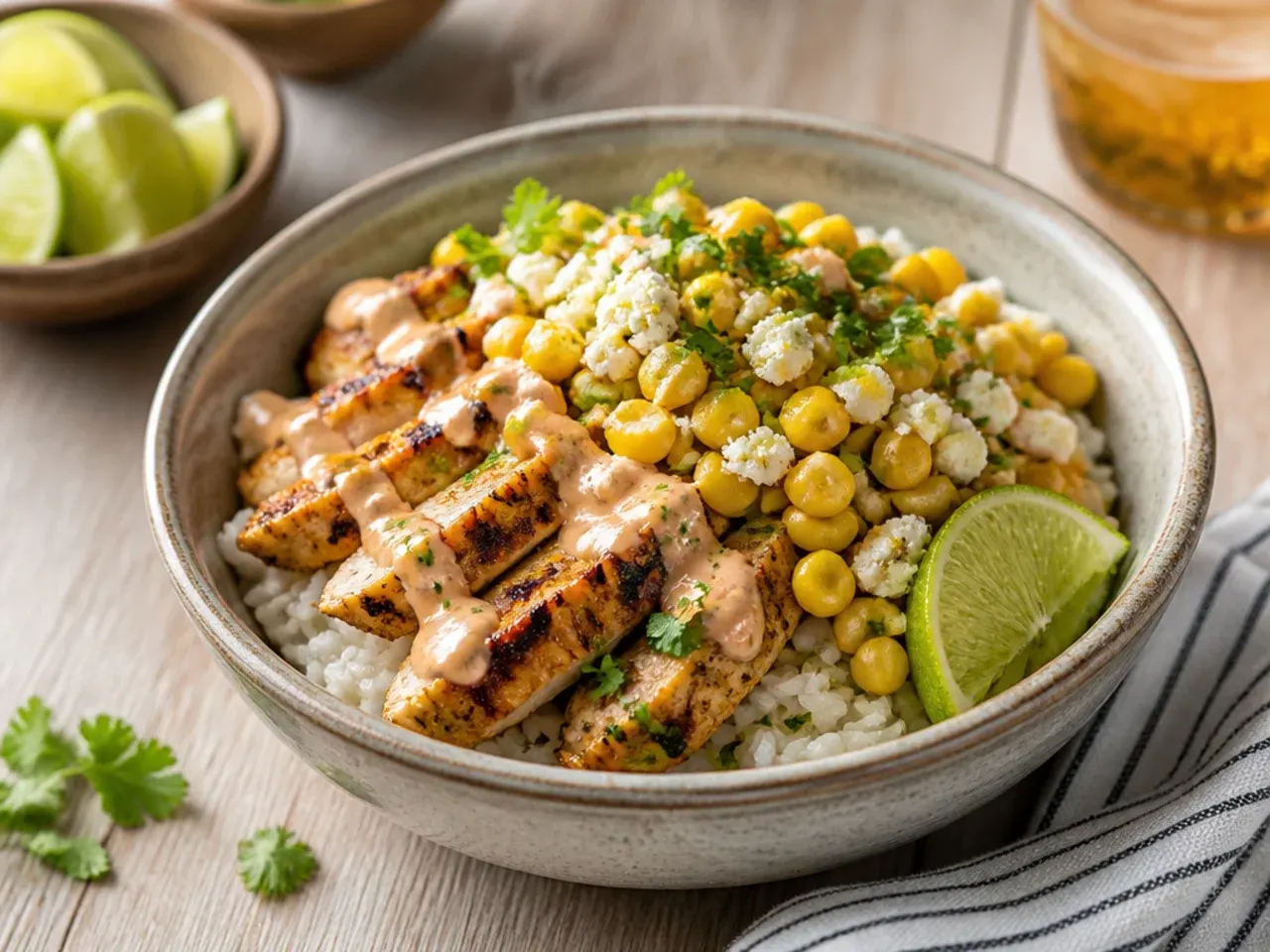 Street corn chicken bowl served with warm tortillas and lime wedges