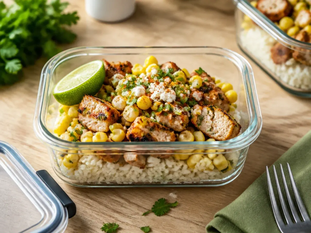 Airtight container of leftover street corn chicken rice bowl