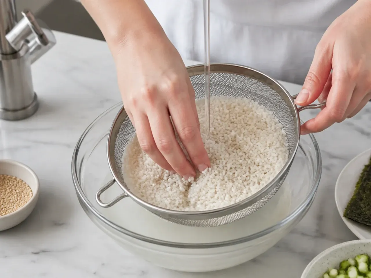 easy sushi bowl — step 1: rinse the rice