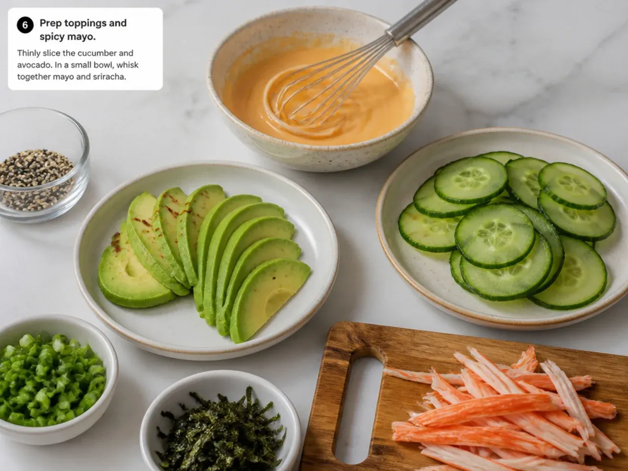 easy sushi bowl — step 6: prep toppings and spicy mayo