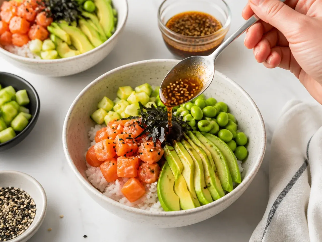 easy sushi bowl — step 7: assemble the bowls