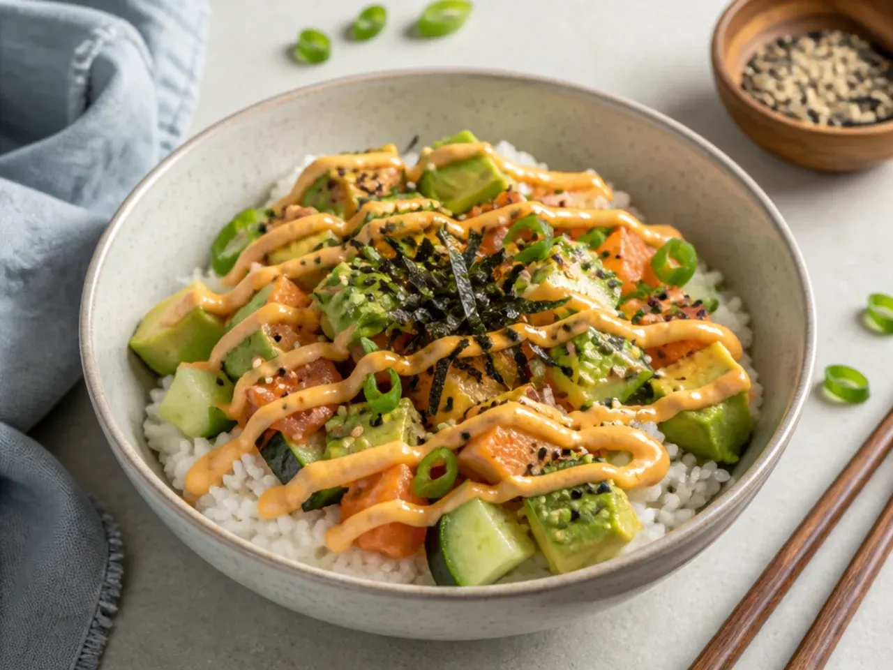 Easy sushi bowl with seasoned rice, avocado, cucumber, and spicy mayo drizzle