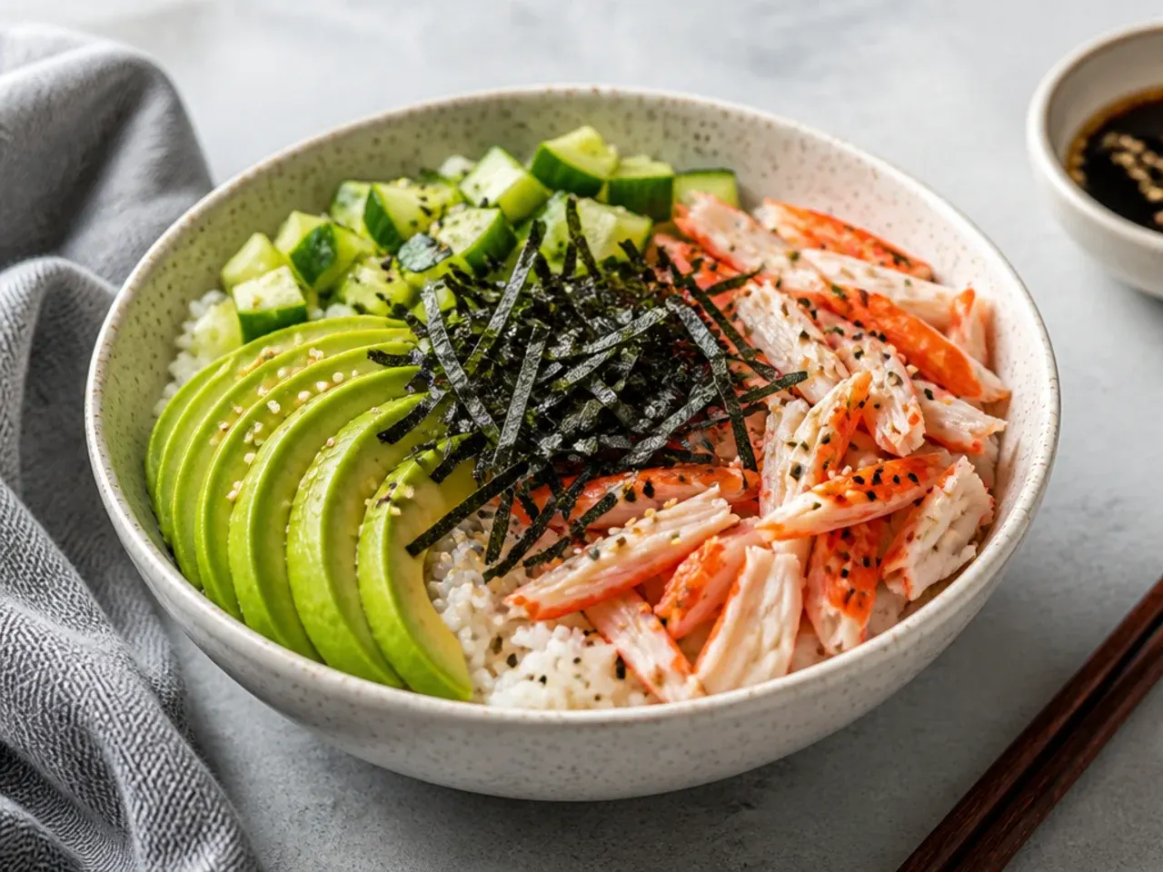 Classic California sushi bowl with imitation crab, avocado, cucumber and nori over rice