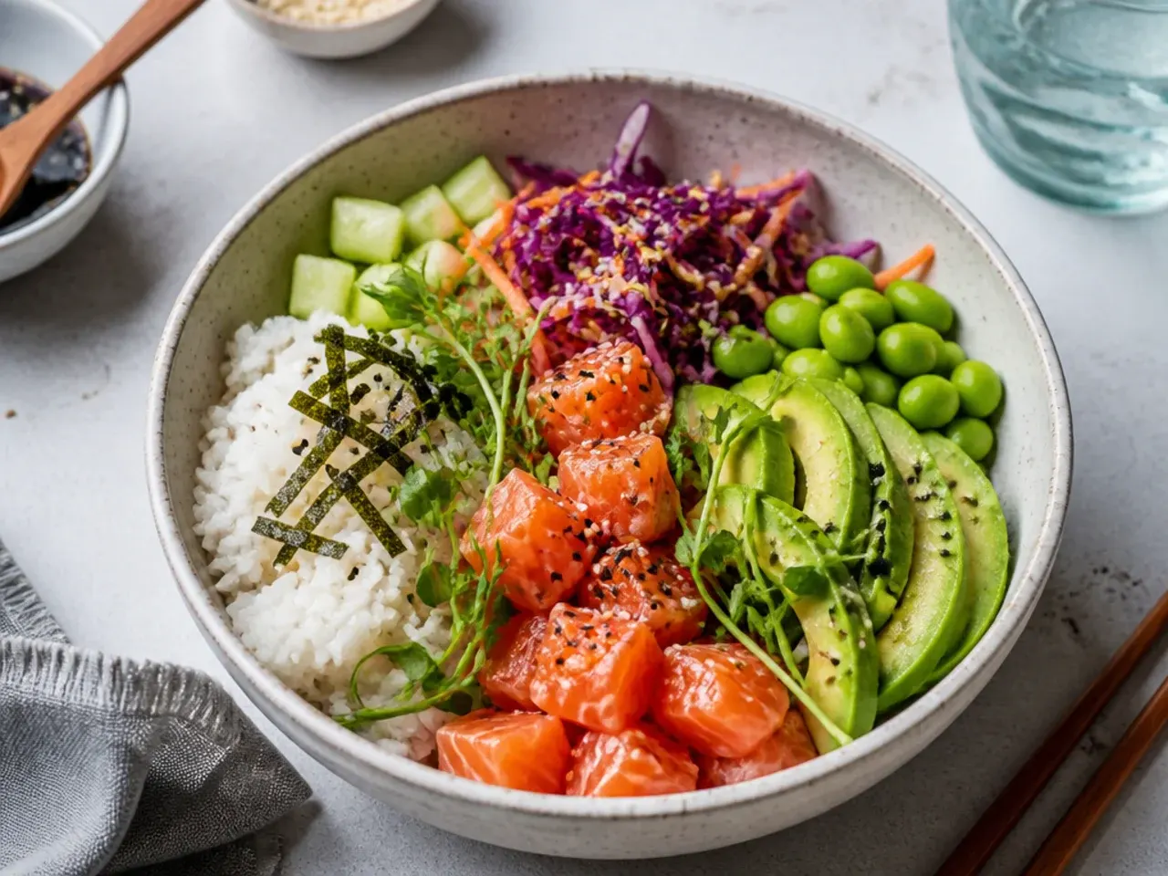 Quick 10-minute easy sushi bowl with edamame, slaw and avocado