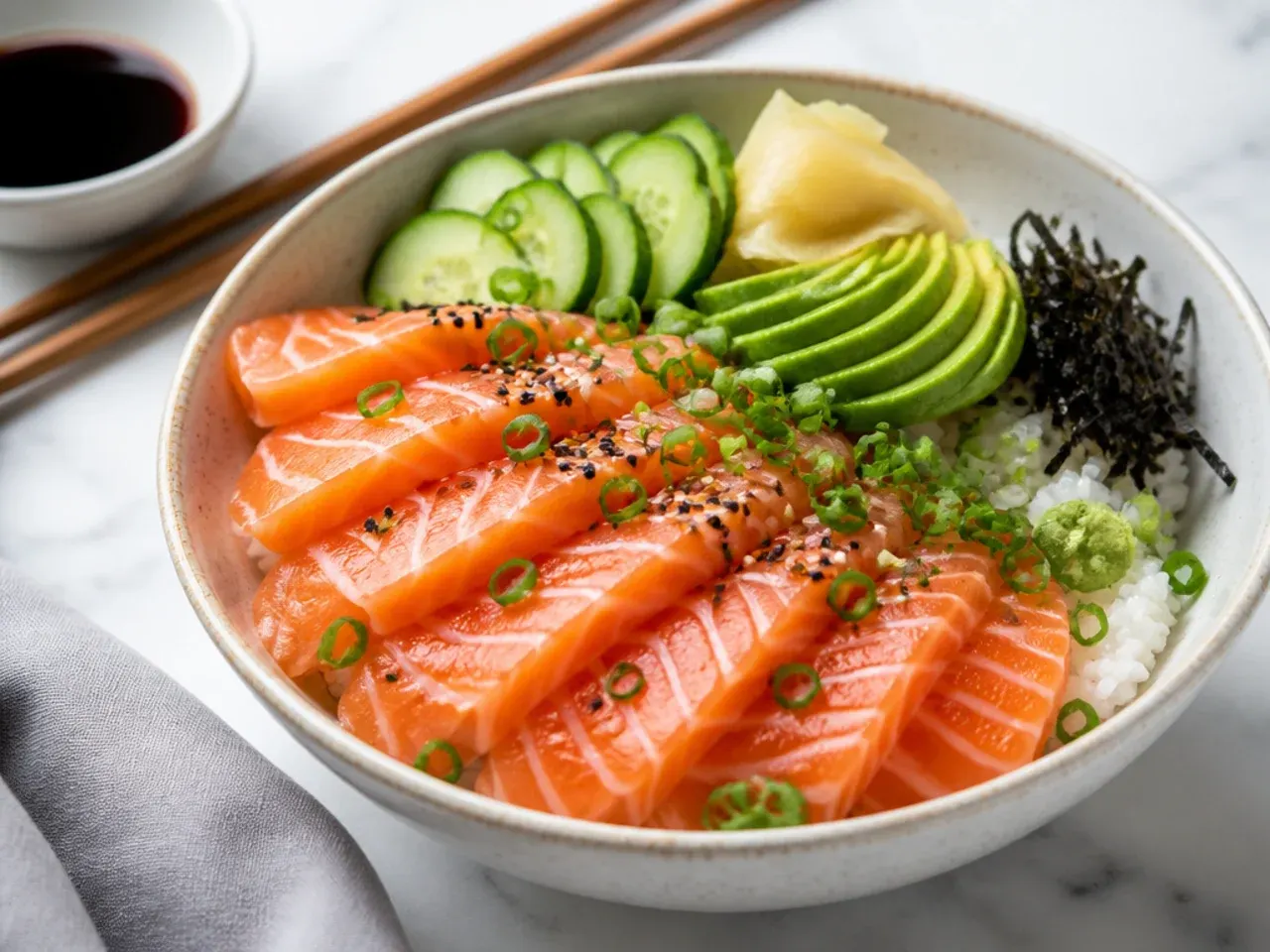Elegant salmon sashimi sushi bowl with fanned raw salmon and scallions
