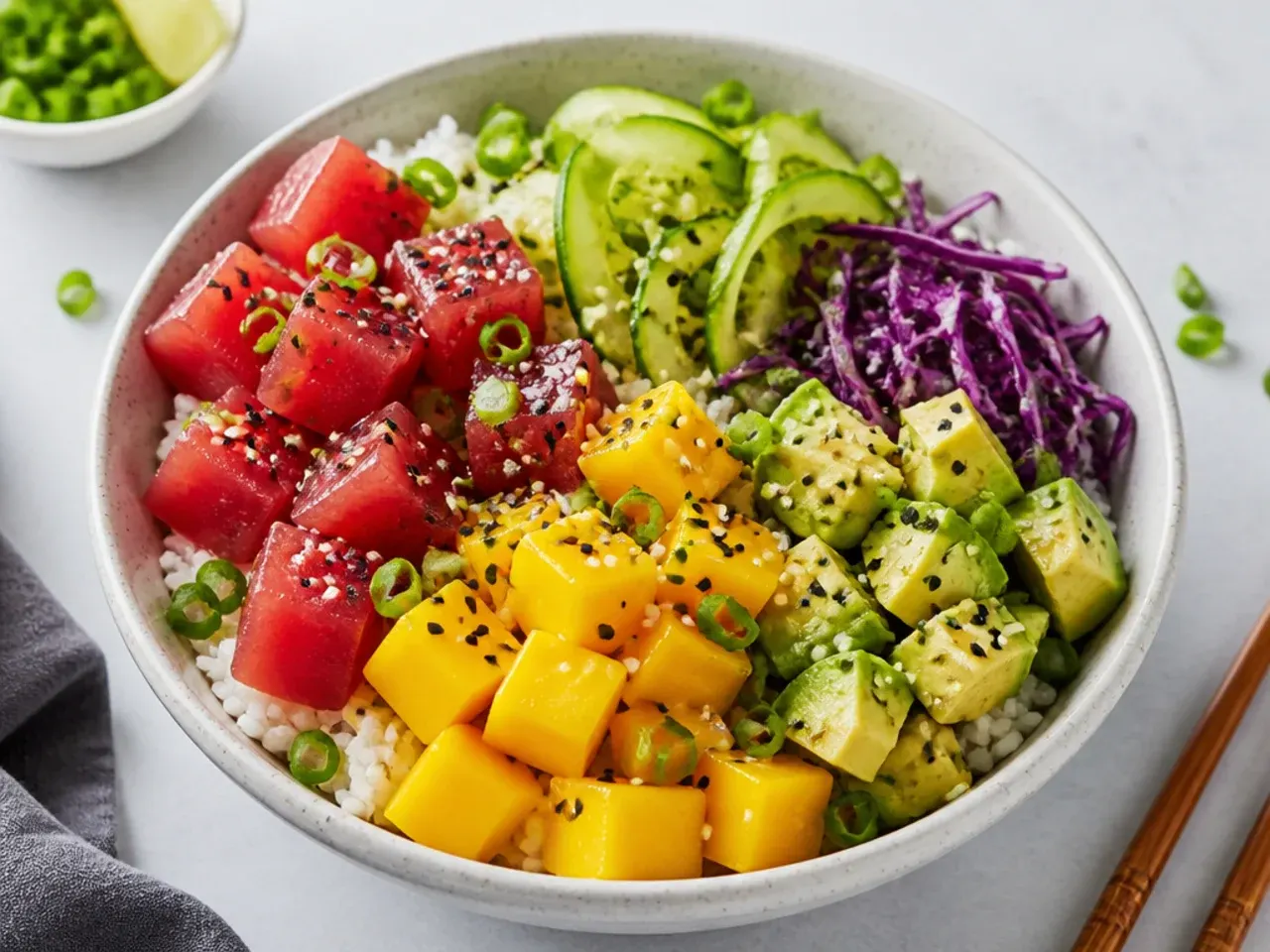 Playful rainbow poke-style sushi bowl with cubed tuna, mango and avocado