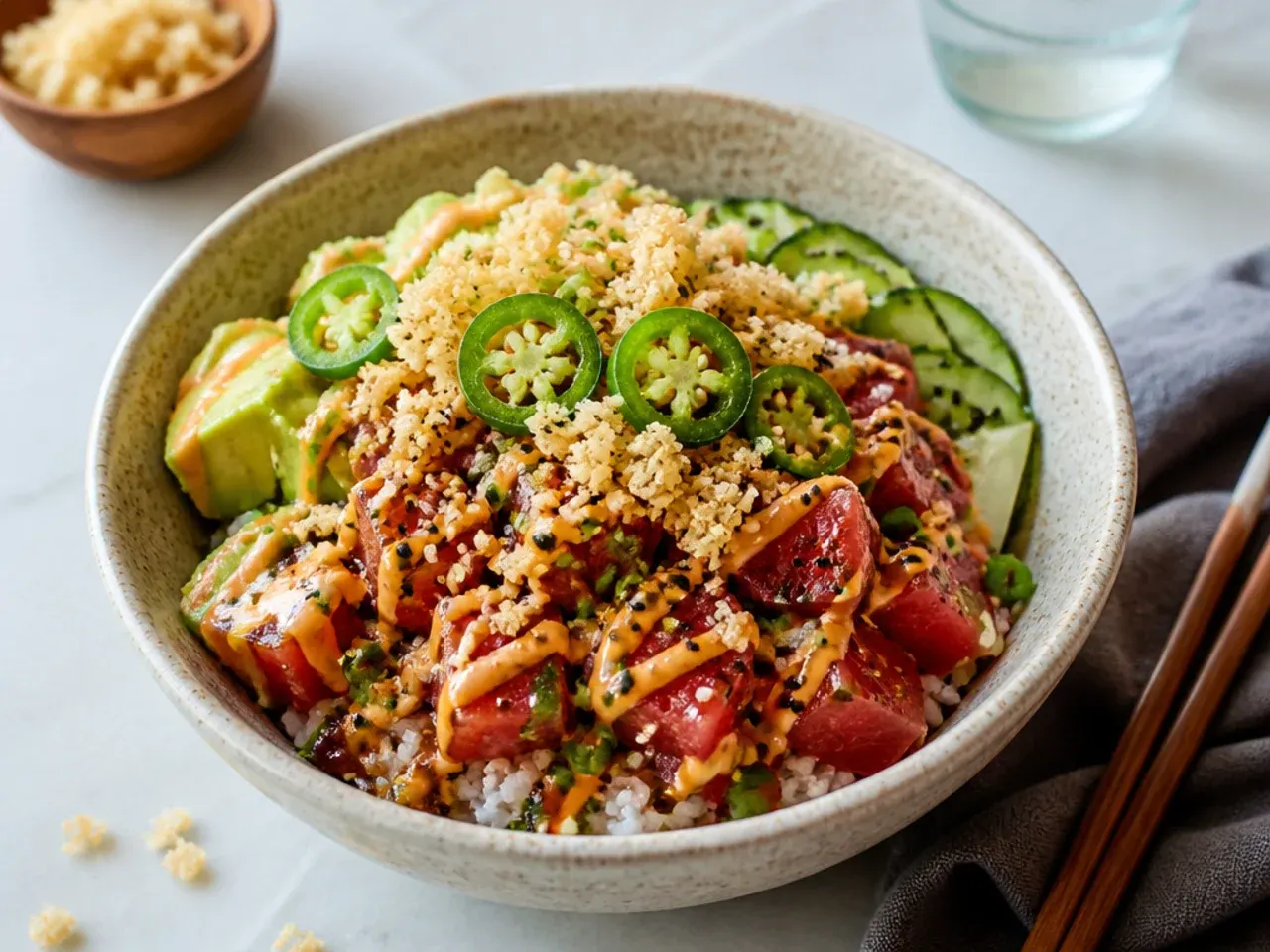 Modern spicy tuna crunch sushi bowl topped with tempura flakes and jalapeno