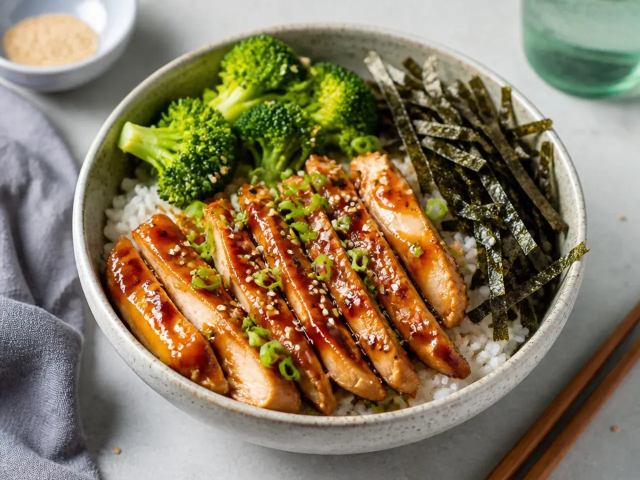 Rustic teriyaki chicken sushi bowl with glazed chicken, broccoli and nori