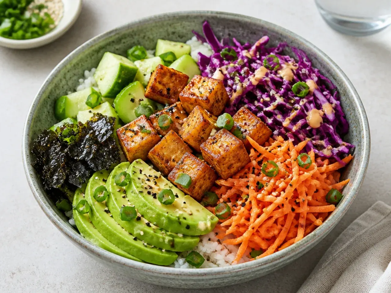 Colorful veggie sushi bowl with baked tofu, purple cabbage and carrot