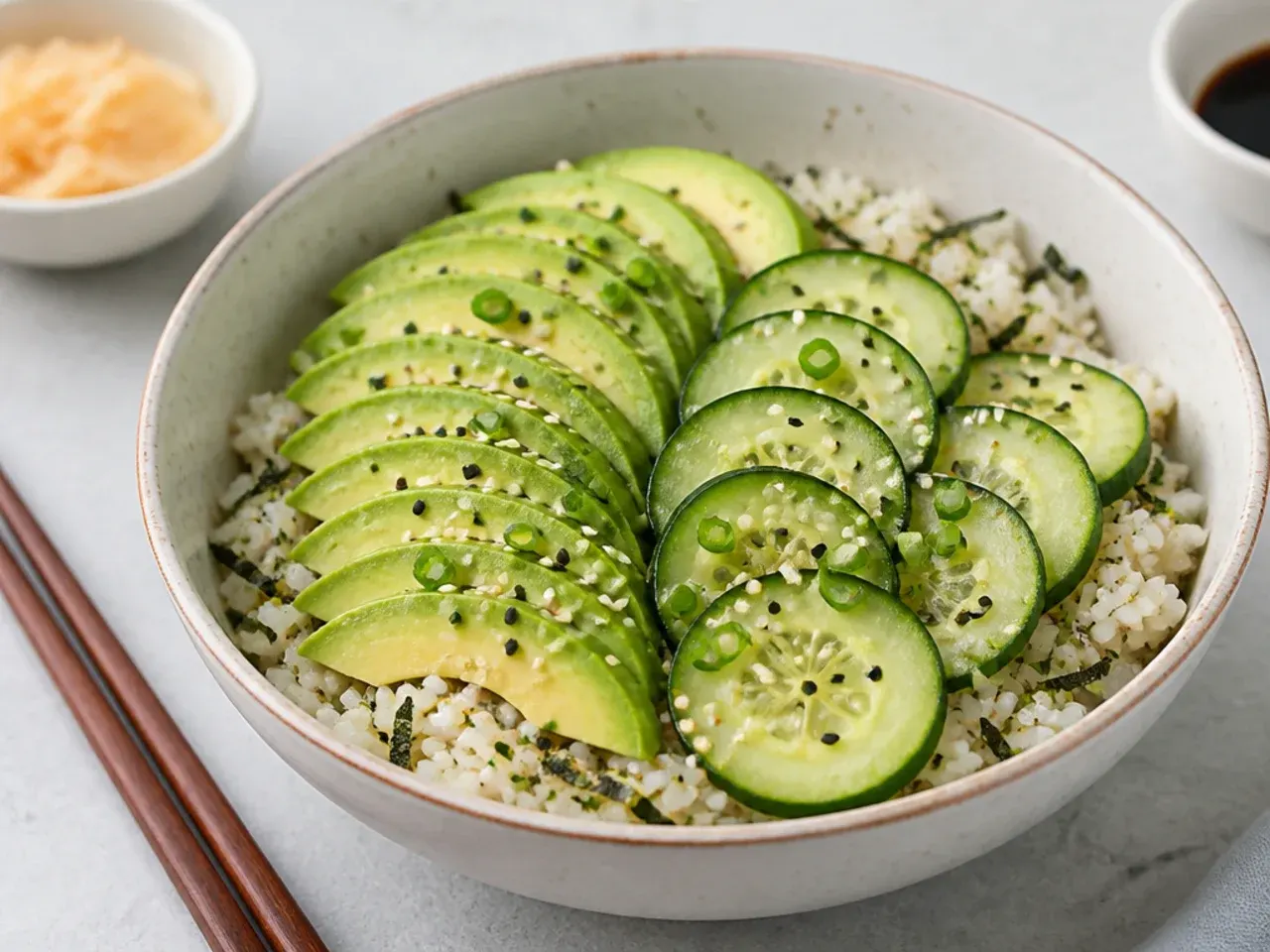 Minimal avocado and cucumber sushi bowl with sesame seeds over seasoned rice