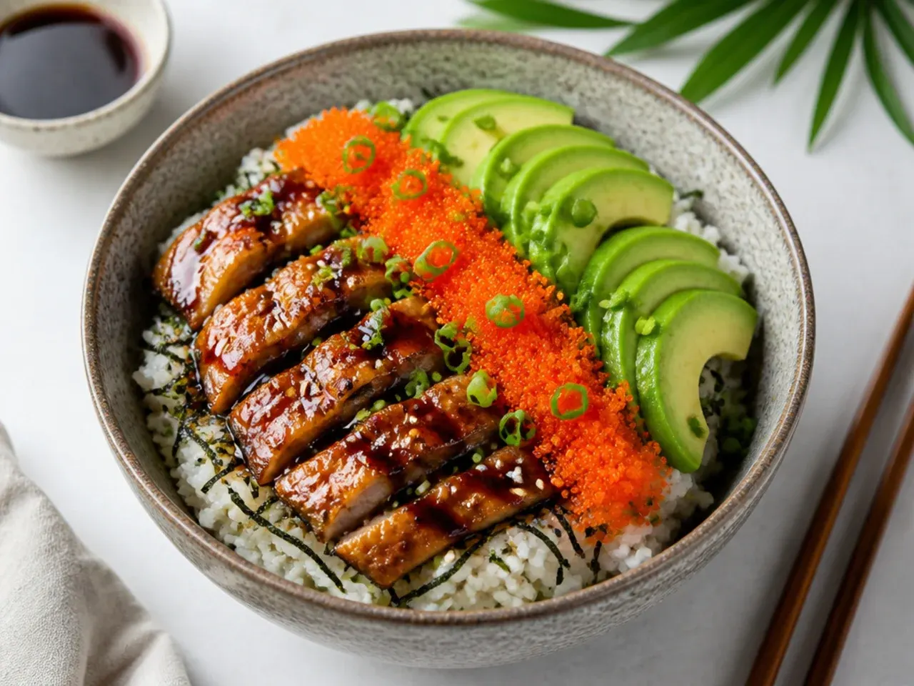 Festive dragon roll sushi bowl with glazed eel, overlapping avocado and tobiko