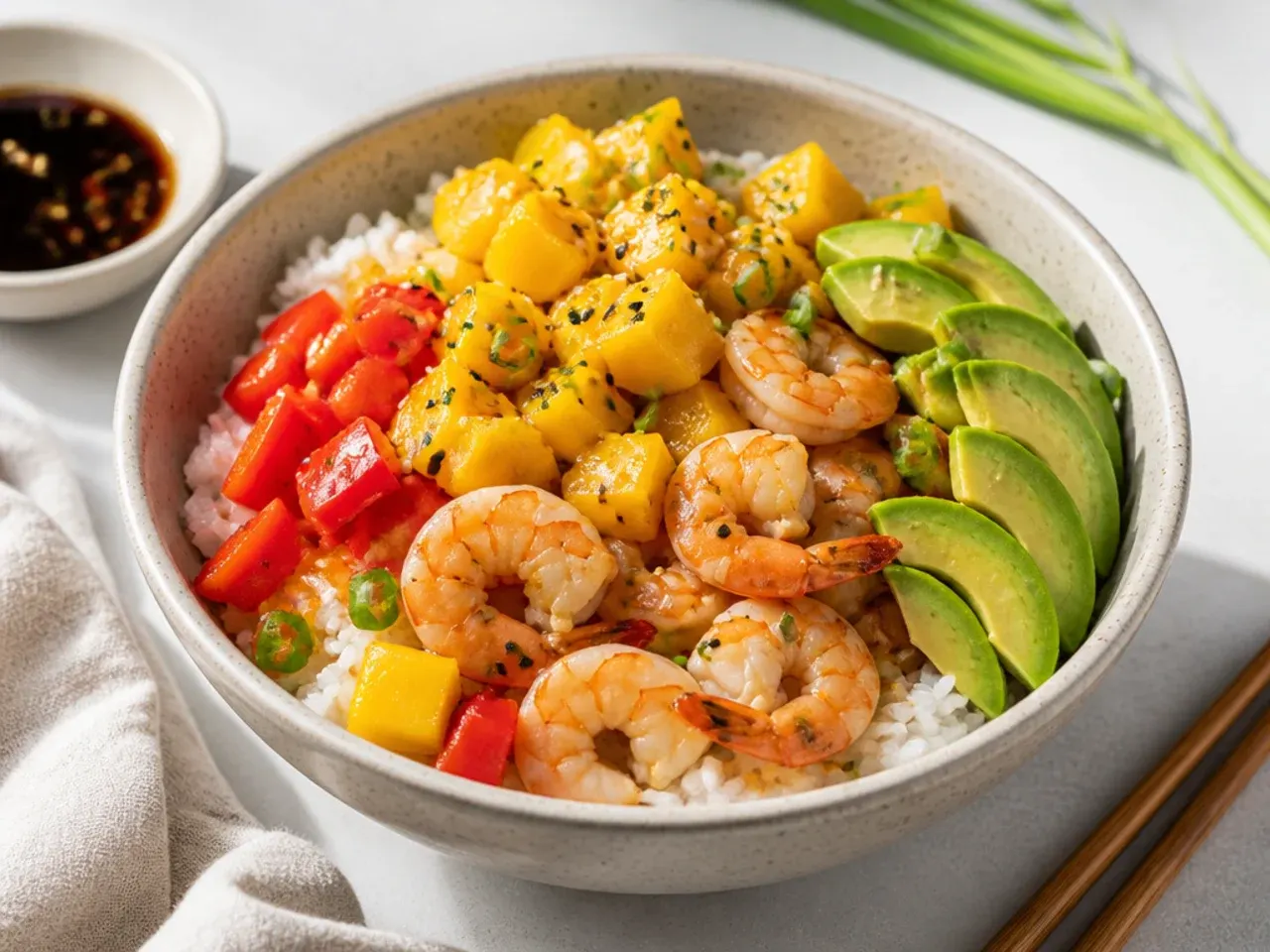 Whimsical mango shrimp sushi bowl with cooked shrimp, diced mango and bell pepper