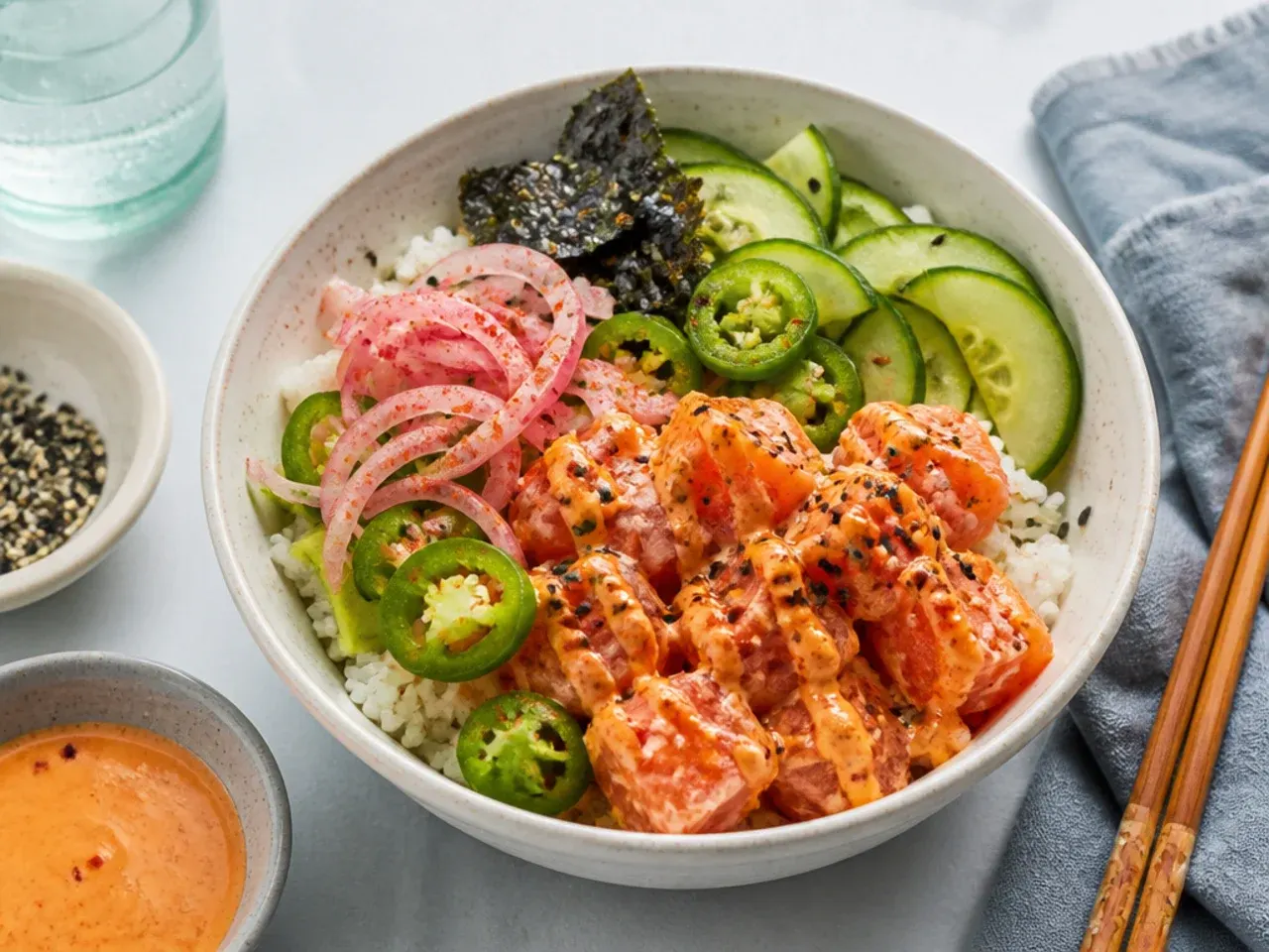Bold spicy salmon sriracha sushi bowl with jalapeno and pickled red onion
