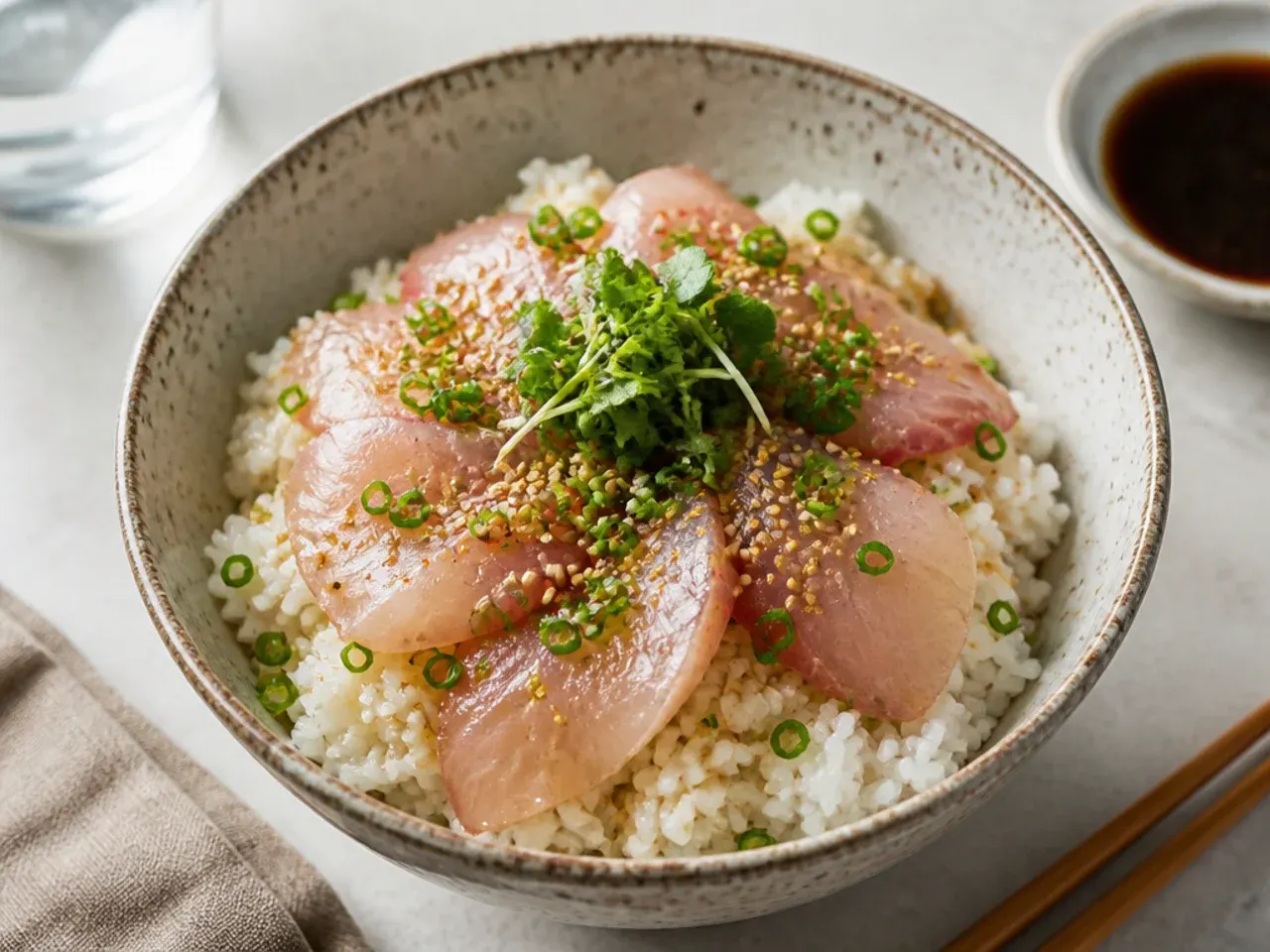 Delicate yellowtail sushi bowl with ponzu dressing and scallions