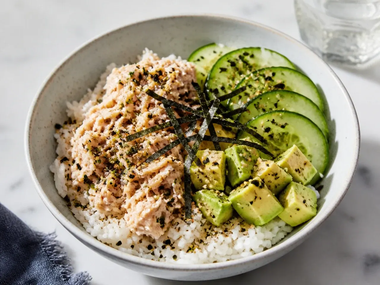 Vintage canned tuna mayo sushi bowl with cucumber, avocado and furikake
