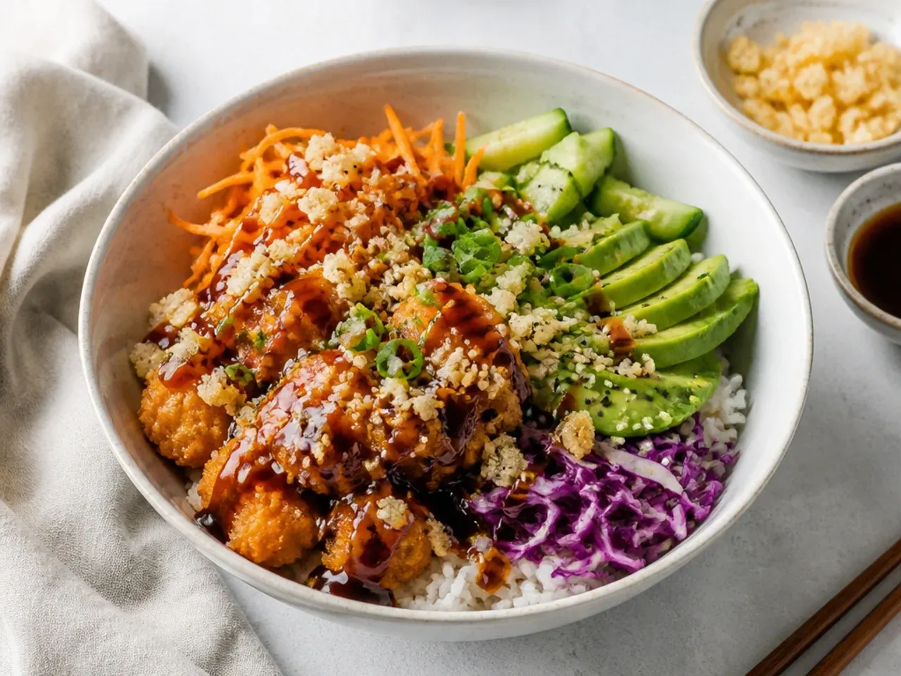 Creative tempura crunch veggie sushi bowl with crispy sweet potato and eel sauce