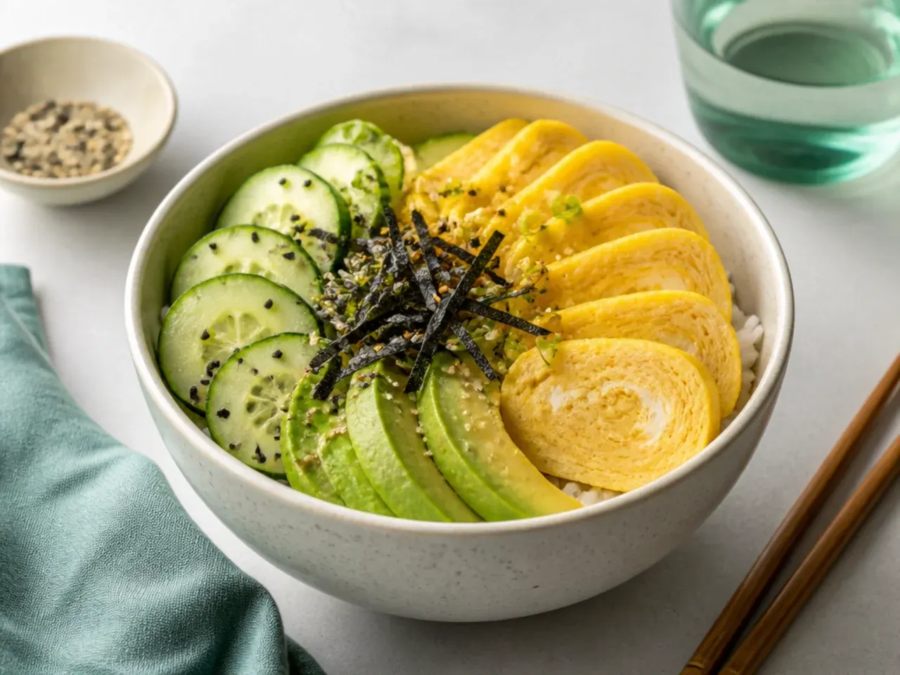 Charming breakfast sushi bowl with sliced tamago omelet, avocado and cucumber