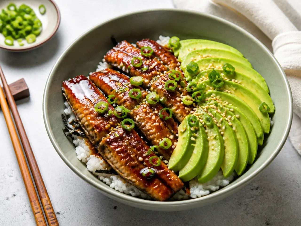 Classic unagi avocado sushi bowl with glazed eel and fanned avocado