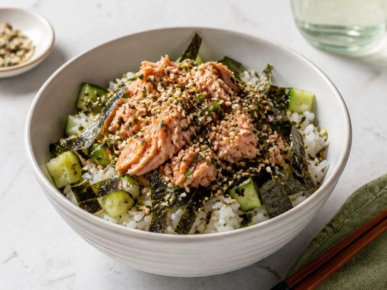 Quick canned salmon onigiri-style sushi bowl with nori and furikake