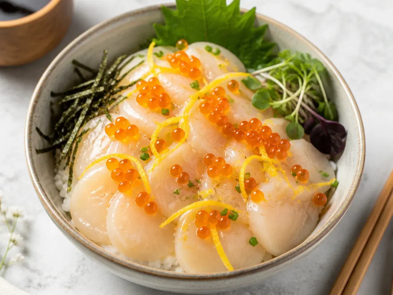 Elegant scallop sushi bowl with thin raw scallops, yuzu and tobiko
