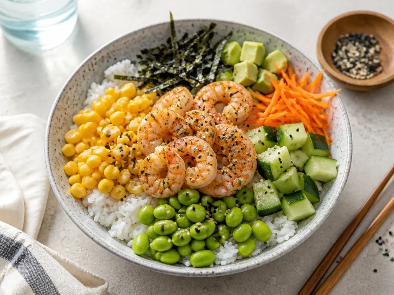 Playful kid-friendly build-your-own sushi bowl with shrimp, corn and edamame