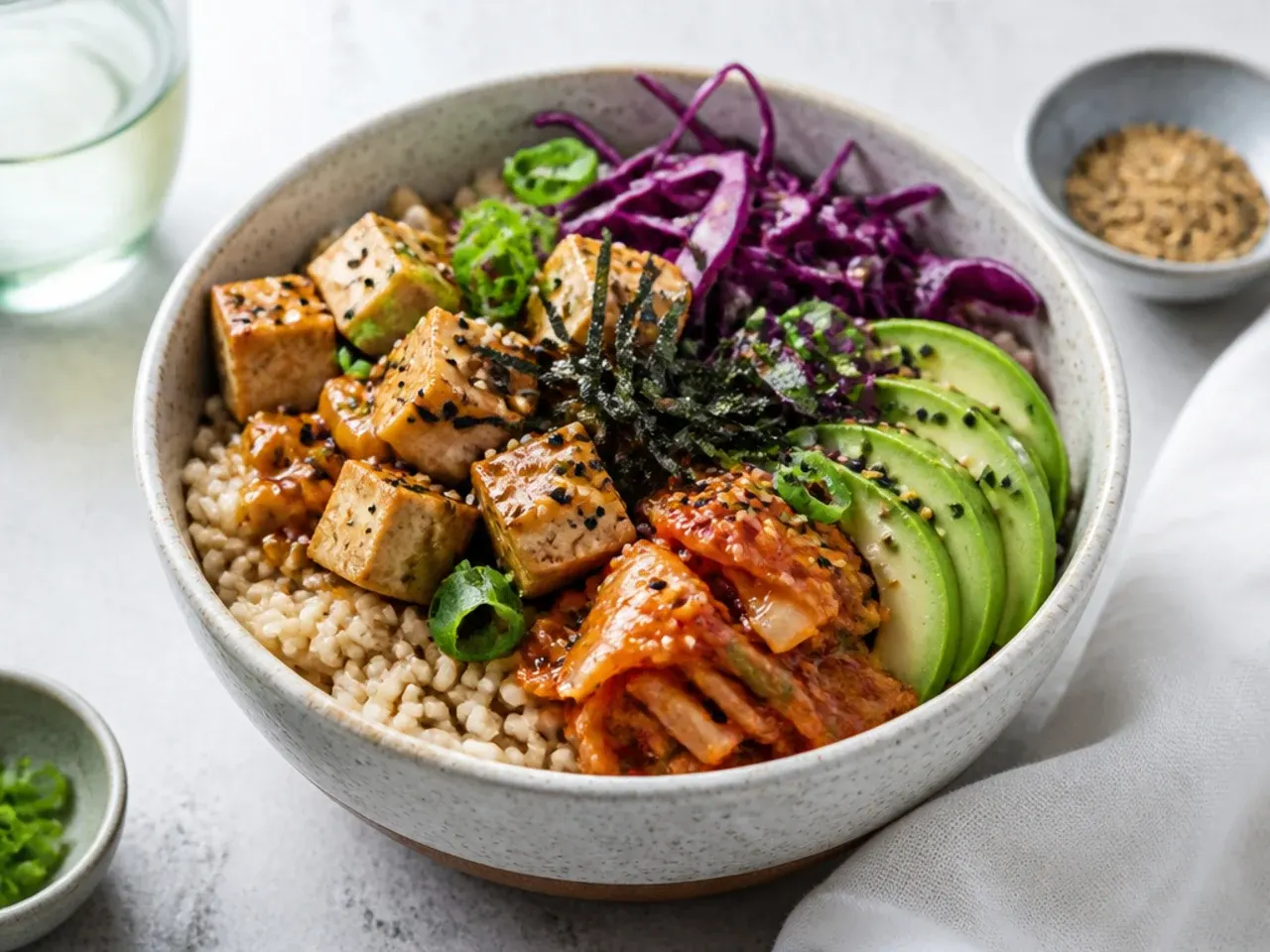Modern brown rice sushi bowl with kimchi, tofu and shredded cabbage