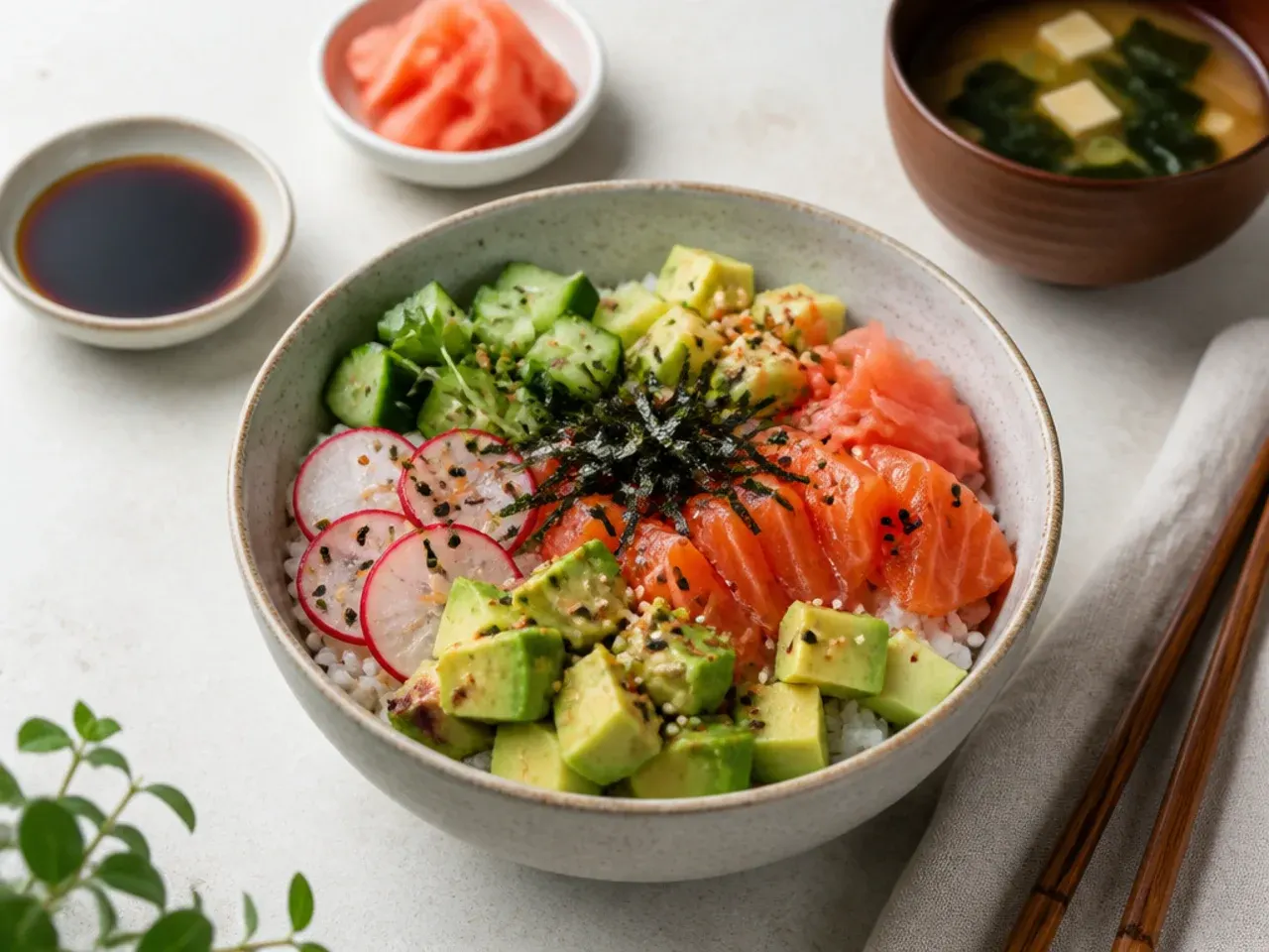 Sushi bowl serving suggestions with soy sauce, pickled ginger and miso soup