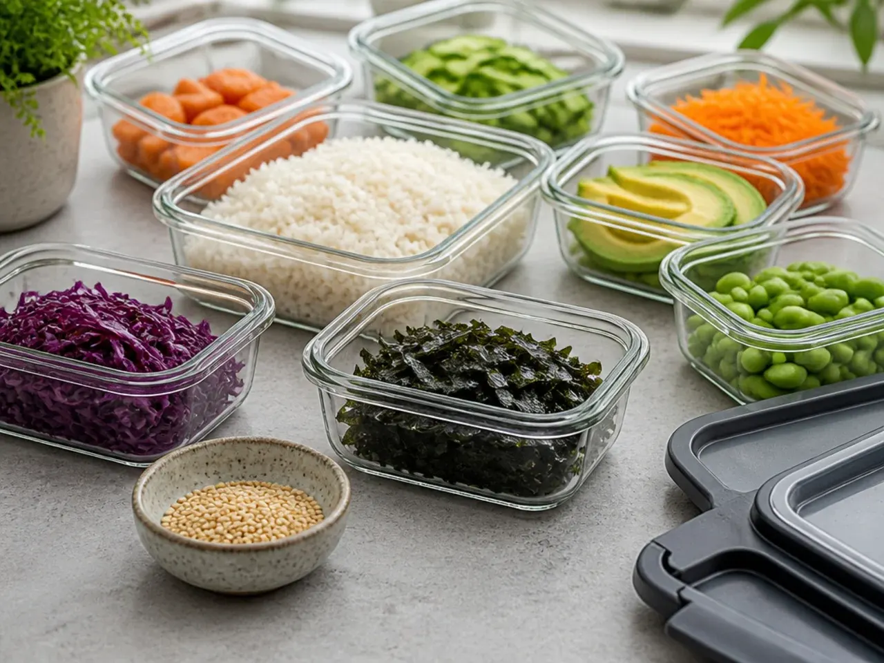 Storing sushi bowl components separately in airtight containers