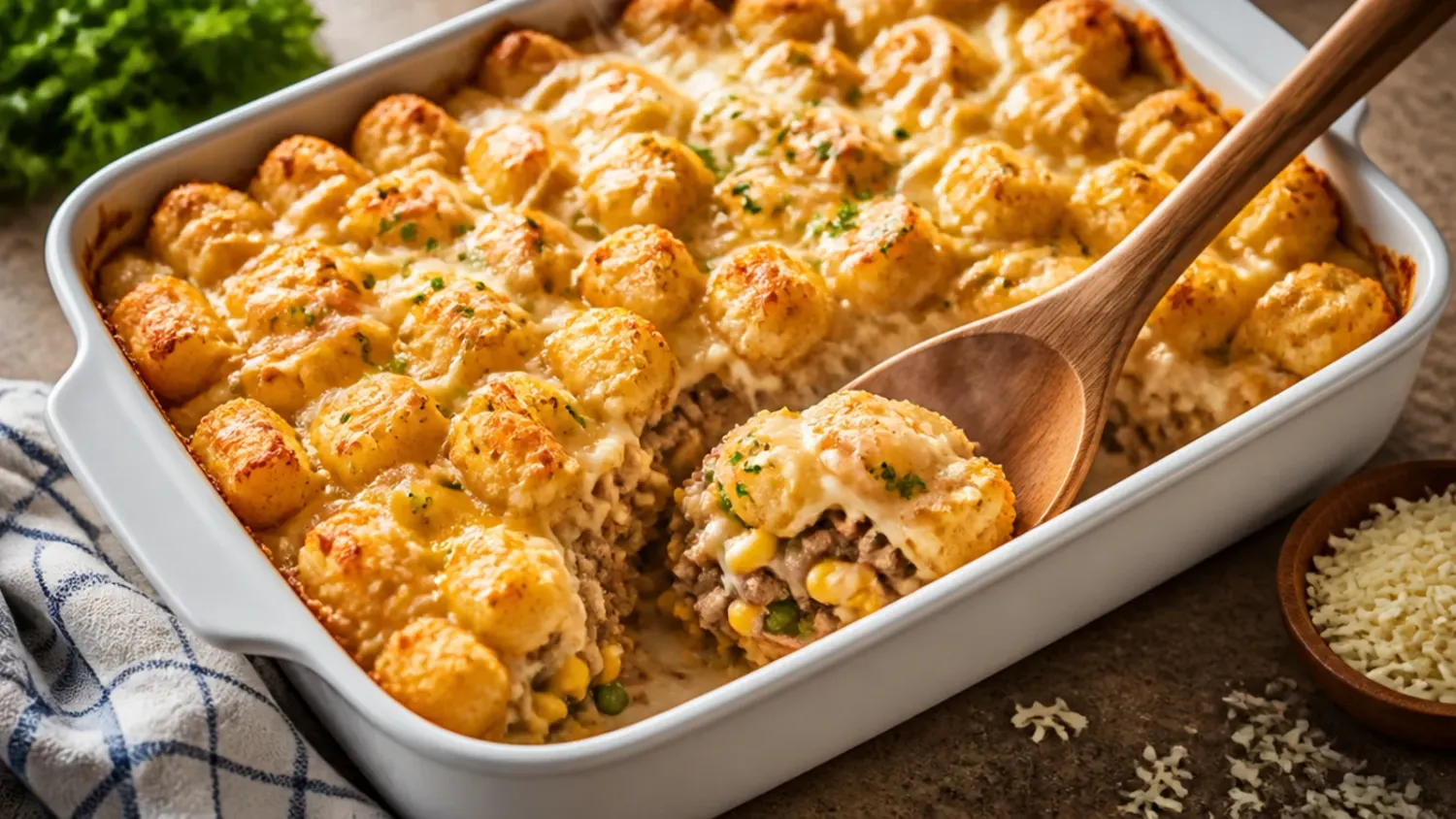 Golden, bubbling easy tater tot casserole in a white baking dish, topped with crispy tater tots and melted cheddar cheese