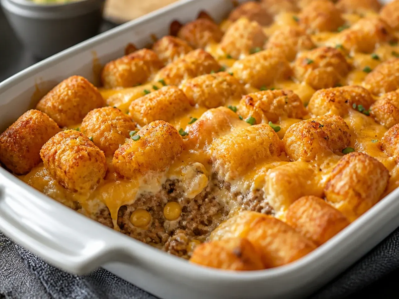 Overhead shot of a finished tater tot casserole with a golden crispy top, fresh out of the oven