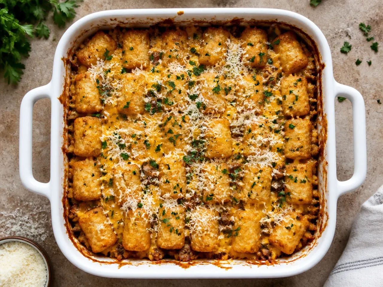 Classic beef and cheddar tater tot casserole in a baking dish with melted cheese
