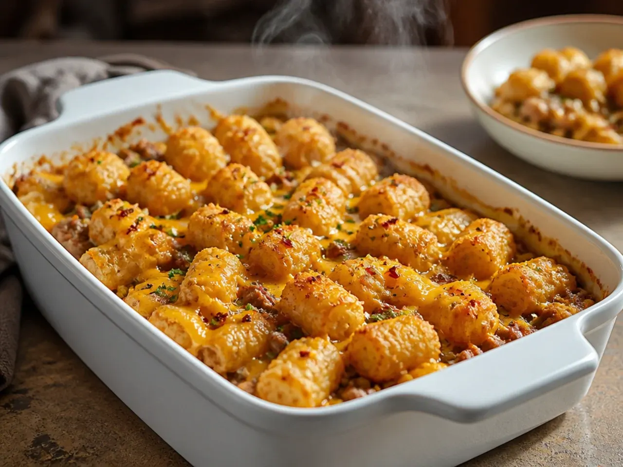 Cast iron skillet of tater tot casserole finished under the grill for a quick weeknight dinner