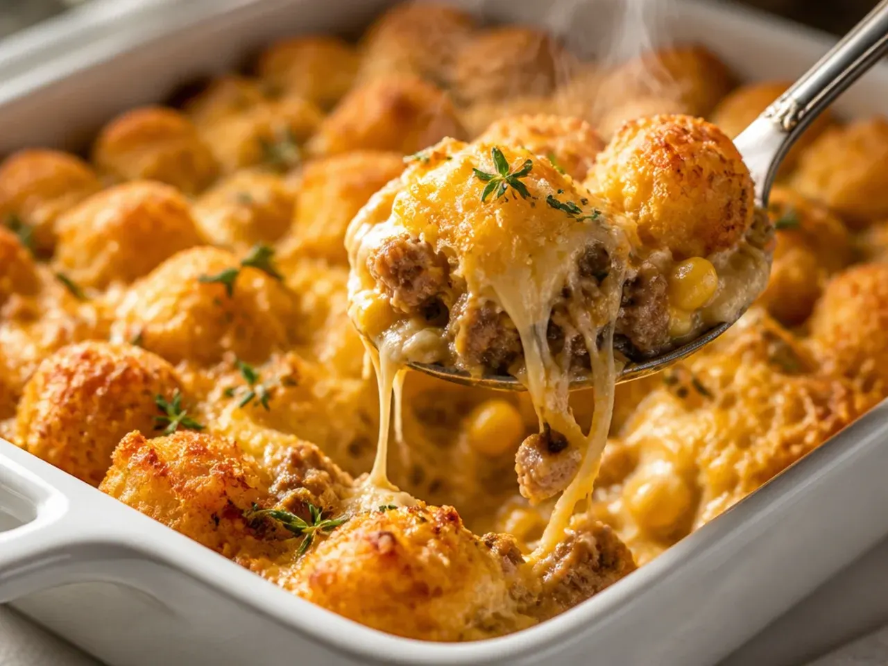 Hearty tater tot casserole loaded with bacon, ham, and mixed vegetables