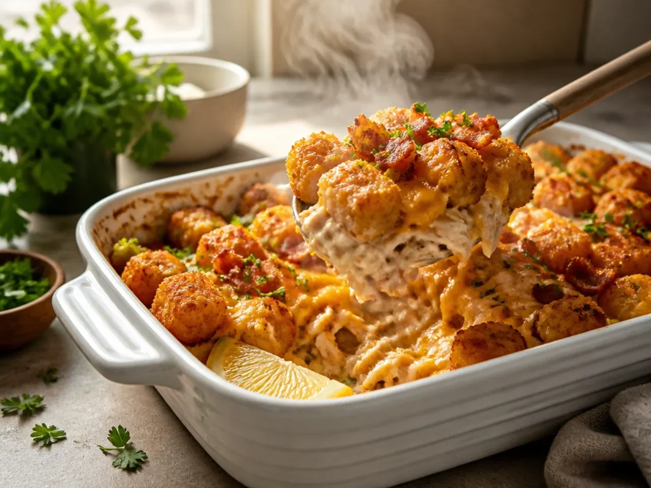 Chicken and bacon tater tot casserole garnished with fresh chives