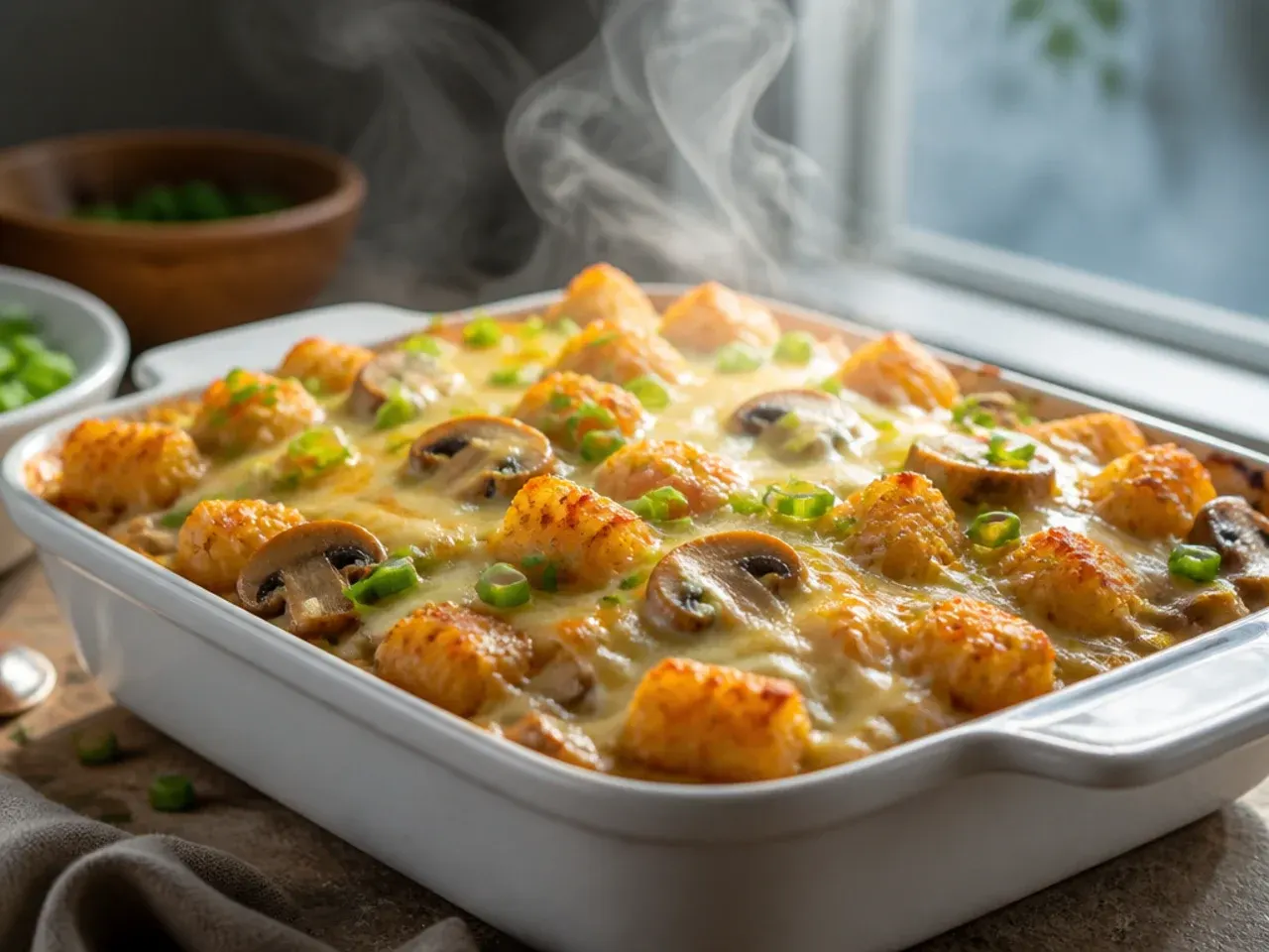 Creamy mushroom and Swiss cheese tater tot casserole close-up