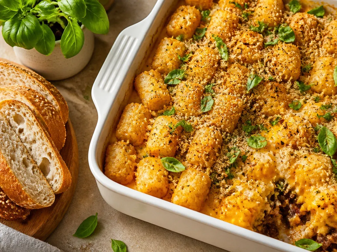 Simple five-ingredient tater tot casserole in a white ceramic dish