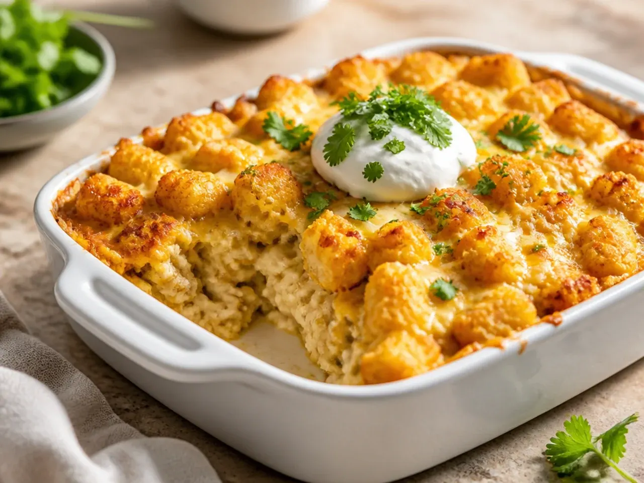 Extra-cheesy tater tot casserole with a stretchy three-cheese pull