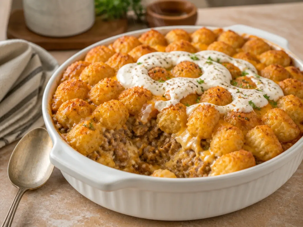 Beef and gravy tater tot casserole with a deep savoury filling