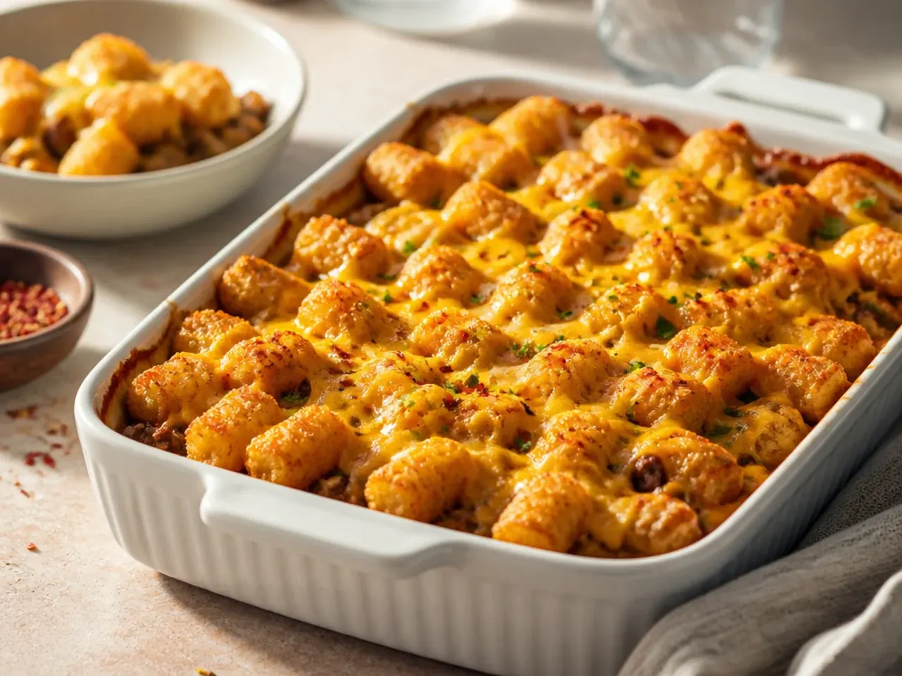 Tater tot casserole spread thin on a rimmed sheet pan for faster baking