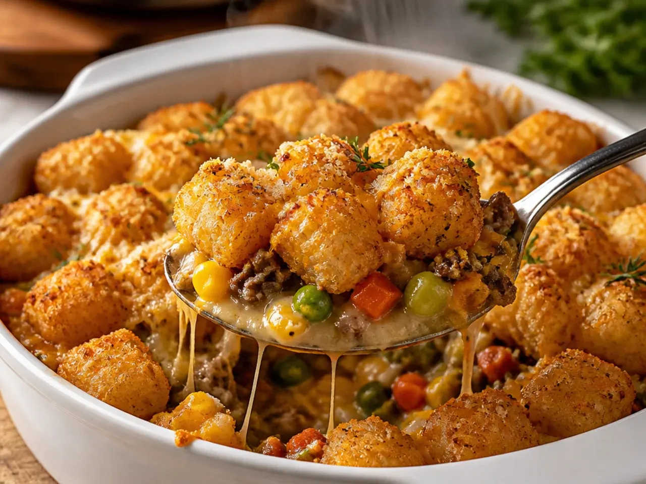 Rustic tater tot casserole with chunky root vegetables