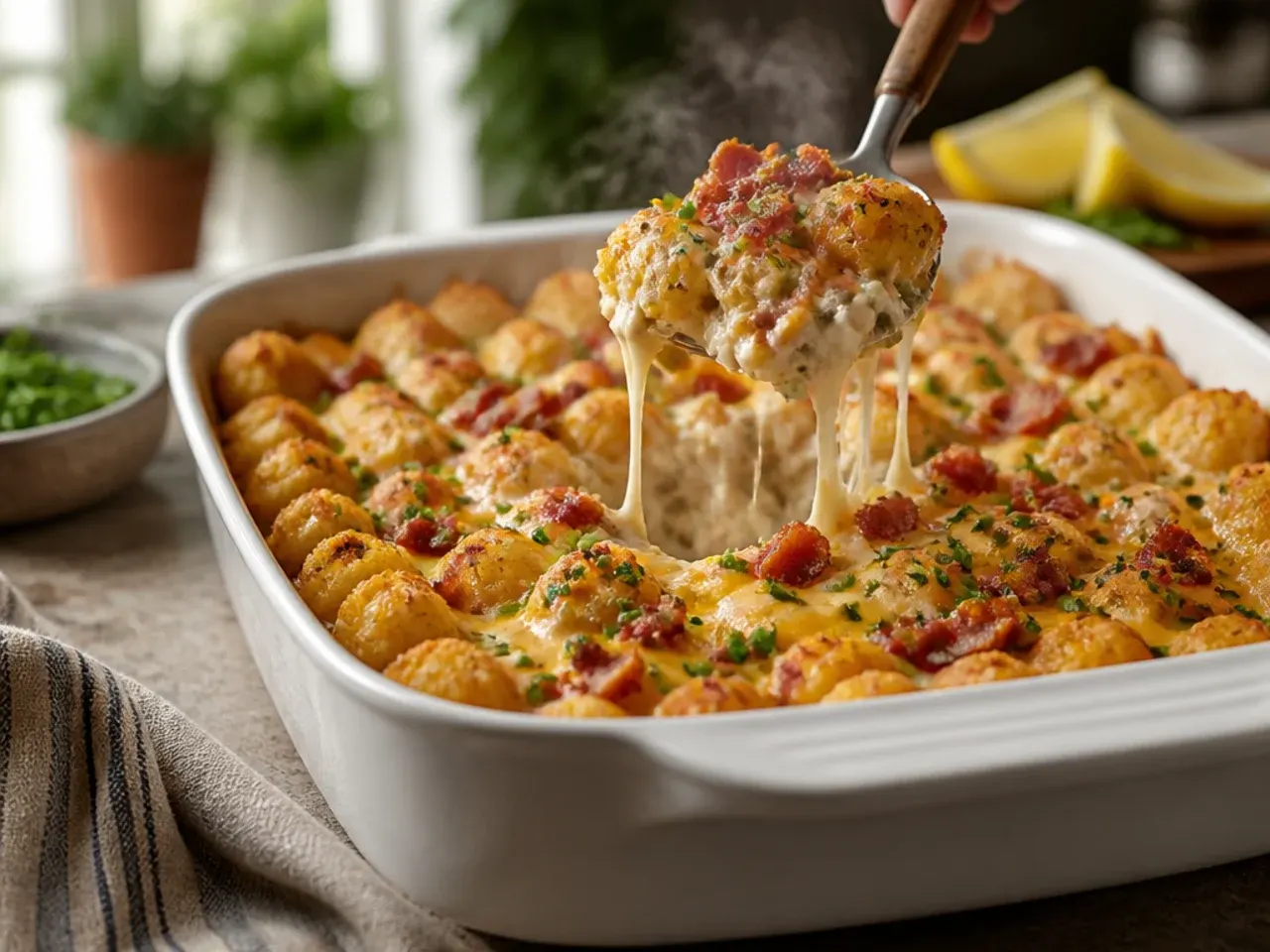Loaded bacon ranch tater tot casserole topped with spring onion