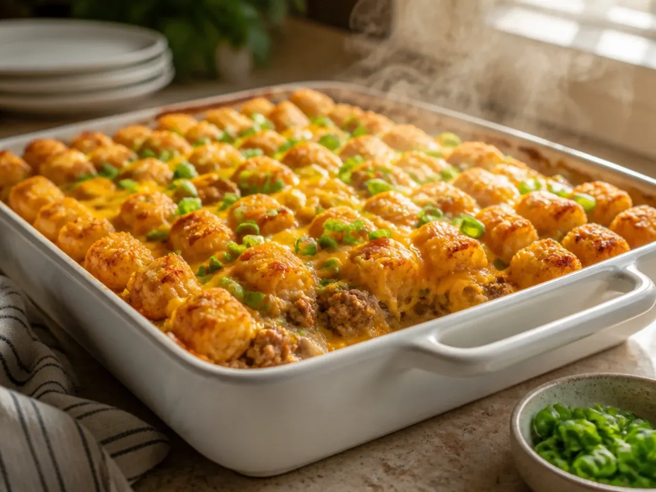 Two family-size tater tot casseroles, one baked and one ready to freeze