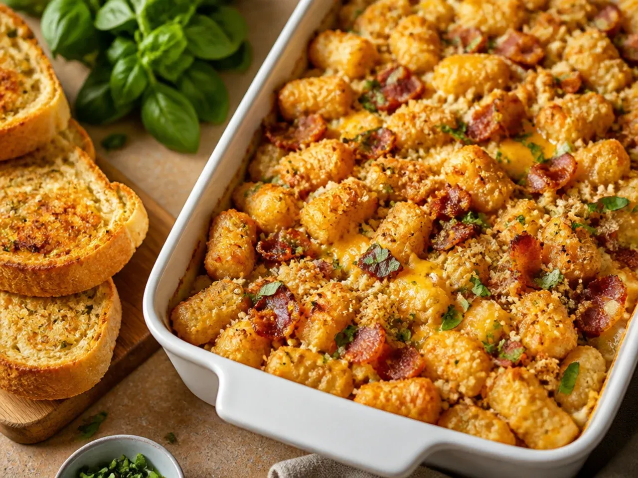 Bacon cheeseburger tater tot casserole topped with chopped dill pickle