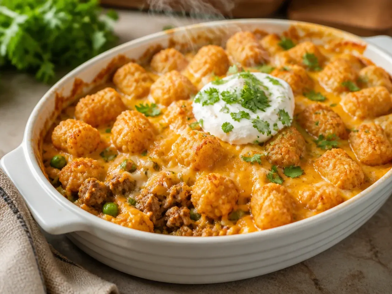 One-pot cast iron skillet tater tot casserole straight from the oven