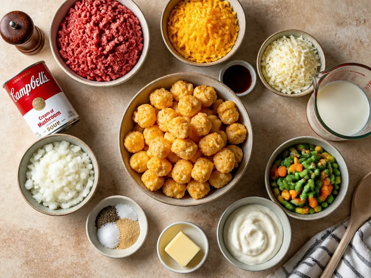Close-up of golden, crispy tater tots on top of a finished casserole