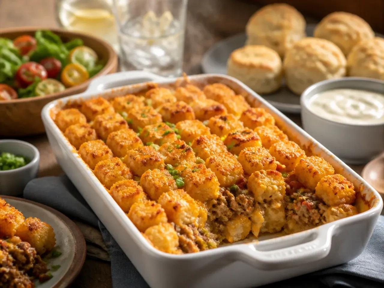 Tater tot casserole served with a green salad and crusty bread