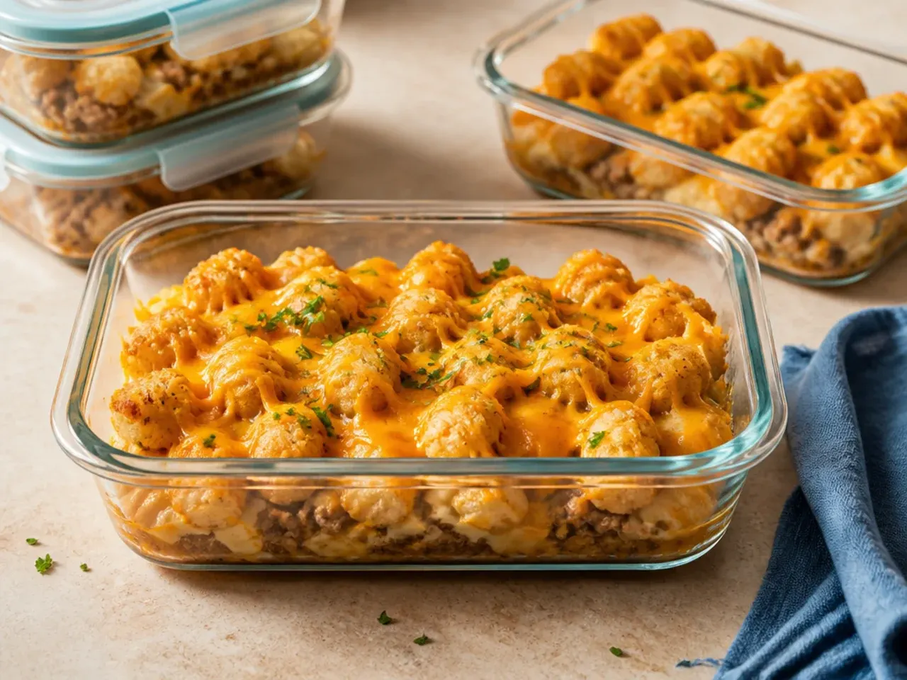 Leftover tater tot casserole portioned into containers for the fridge and freezer